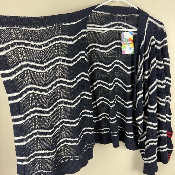 Desigual Cardigan Womens Medium Navy White Stripe Open Front Long Sleeve Red - Picture 4 of 10